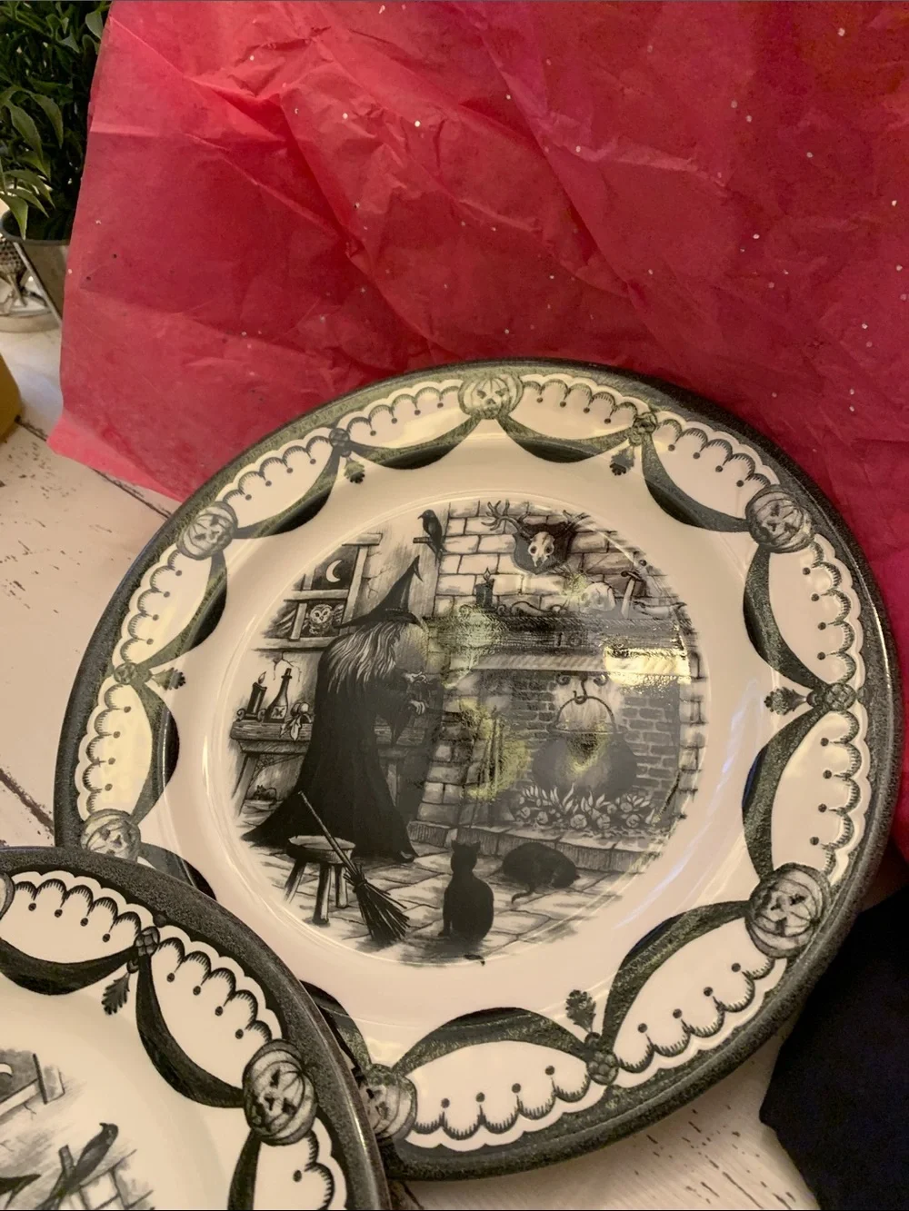 2-Royal Stafford UK Black and White Decorative Witch Fireplace1 0.75” Plates